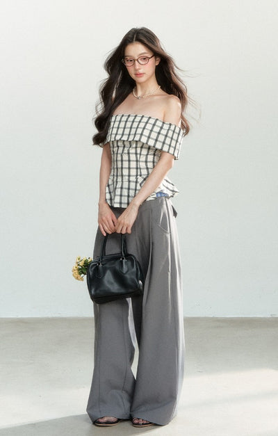 Splicing Plaid Off-shoulder Top SHI0161