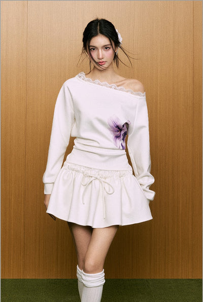 Flower Design One-shoulder Lace White Long-sleeved Sweatshirt AGM0079