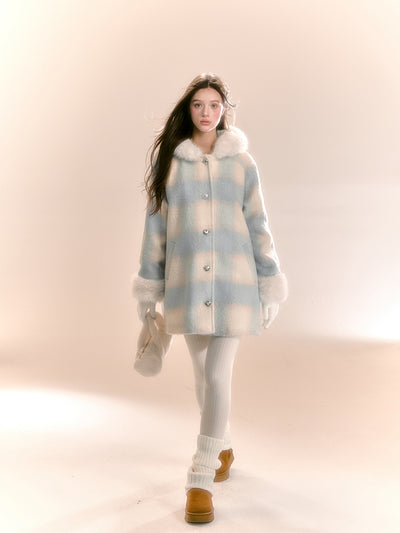 A-line Hooded Checkered Woolen Tweed Coat QDQ0101