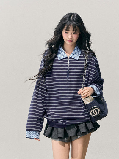 Blue Faux Two-Piece Striped T-Shirt DIA0710