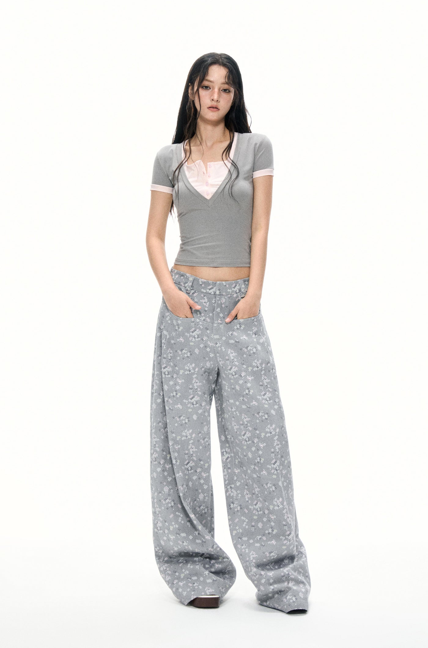 Gray Floral Casual Wide Leg Pants APE0384