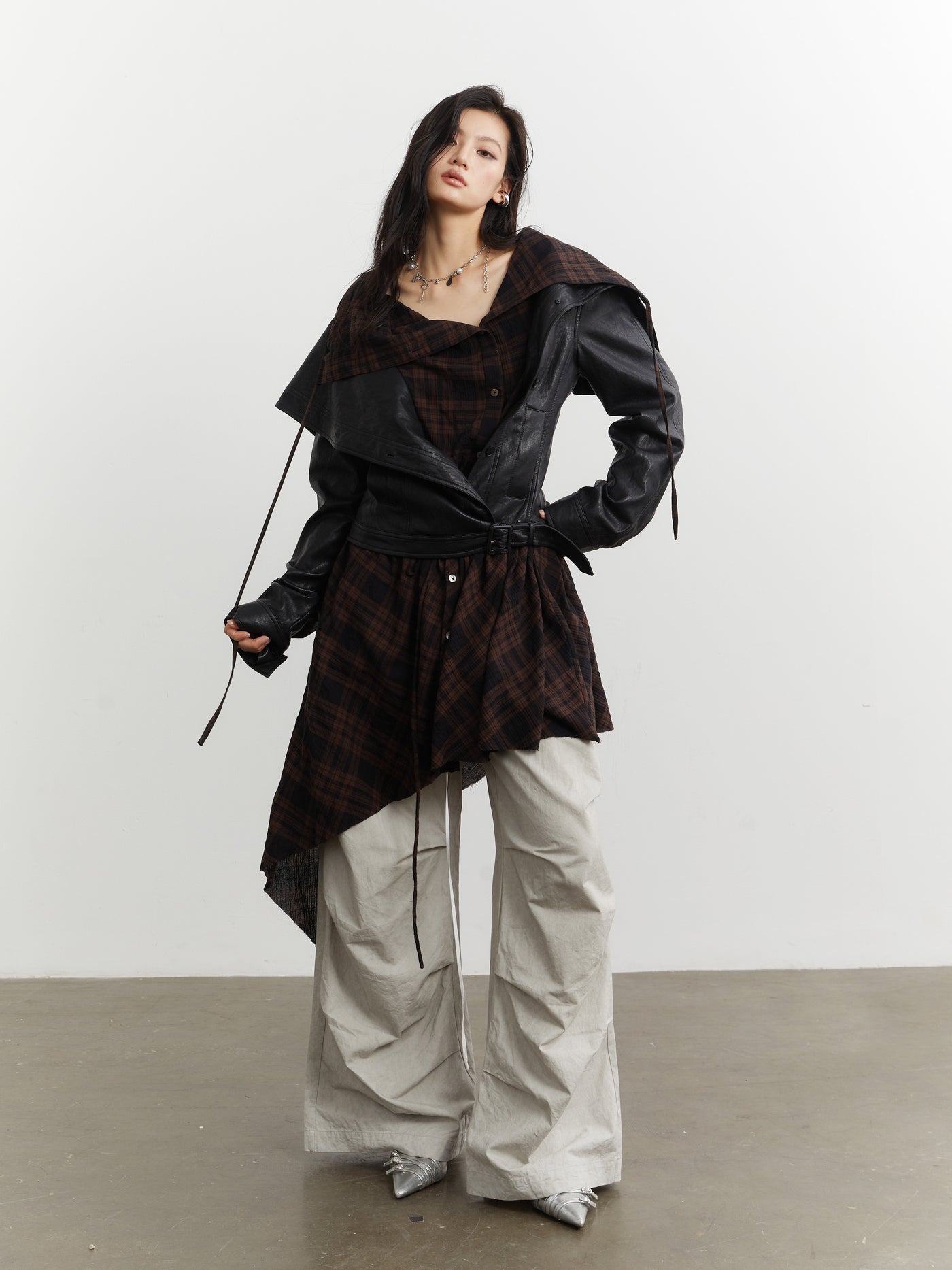 Plaid Stitching Leather Jacket+Skirt JNY0251