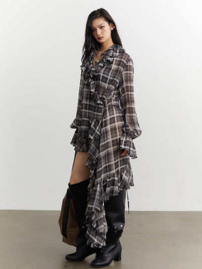 Ruffled Asymmetrical Plaid Shirt Dress JNY0254