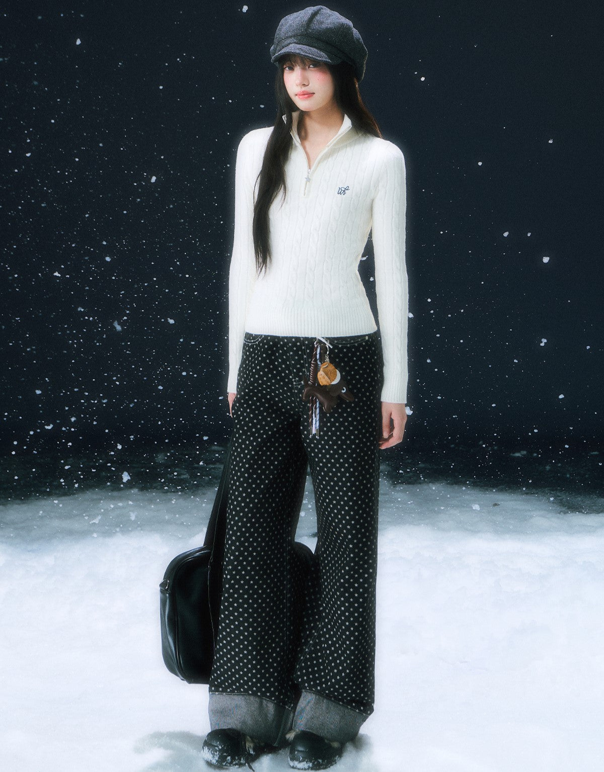 White Half-zip Cable Knit Sweater WEE0109