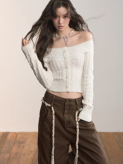 Off-shoulder Round Neck Short Cable Sweater VIA0372