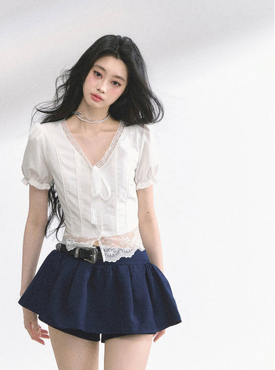 Lace V-neck Puff Sleeve Shirt DIA0521