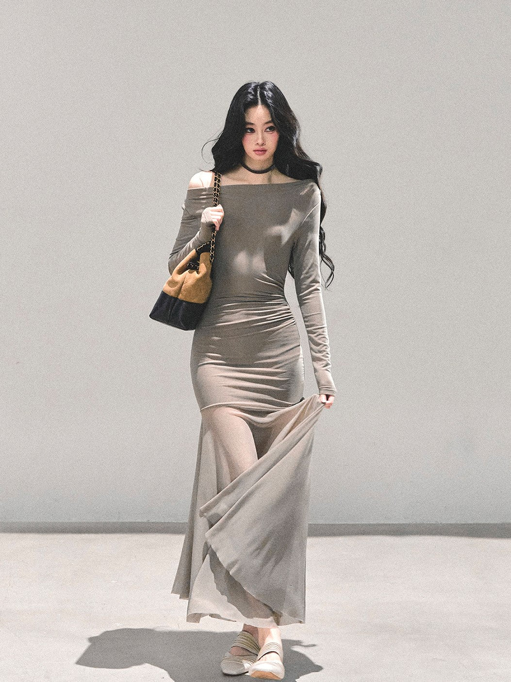 Off-shoulder Slimming Sheer Dress DIA0697