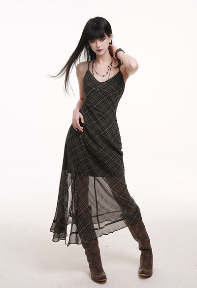 Green Plaid Suspender Dress LAD0173