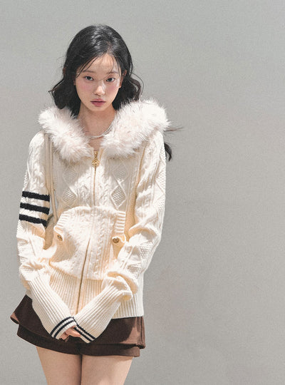 Fur Hooded Knit Cardigan DIA0705