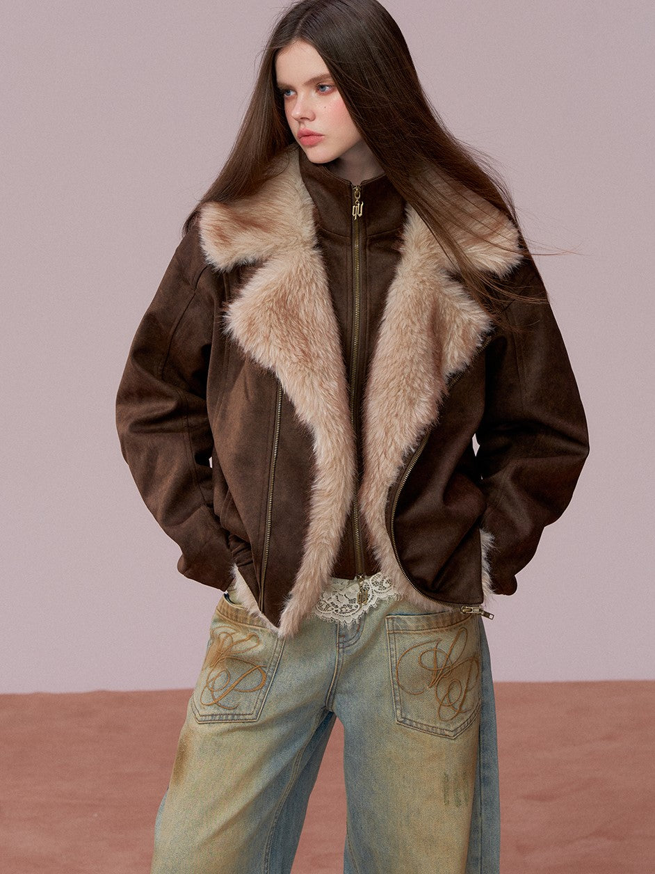 Loose-fitting Faux Two-Piece Fur Collar Jacket VIA0353