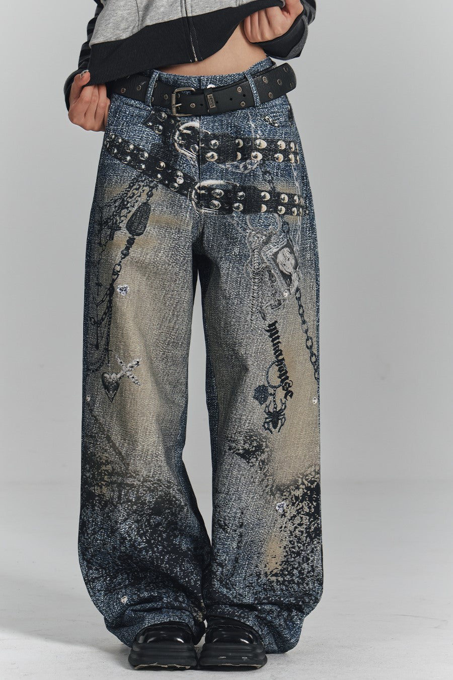 Chain Digital Print Wide-leg Jeans KIN0132