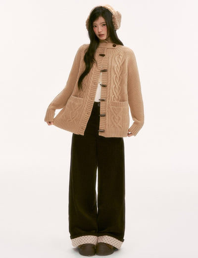 Retro Collar Horn Button Cable Knit Cardigan WEE0136