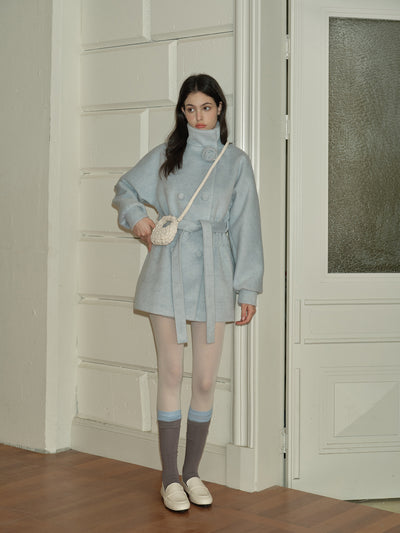 Glacier Blue Three-dimensional Rose Woolen Coat REC0065