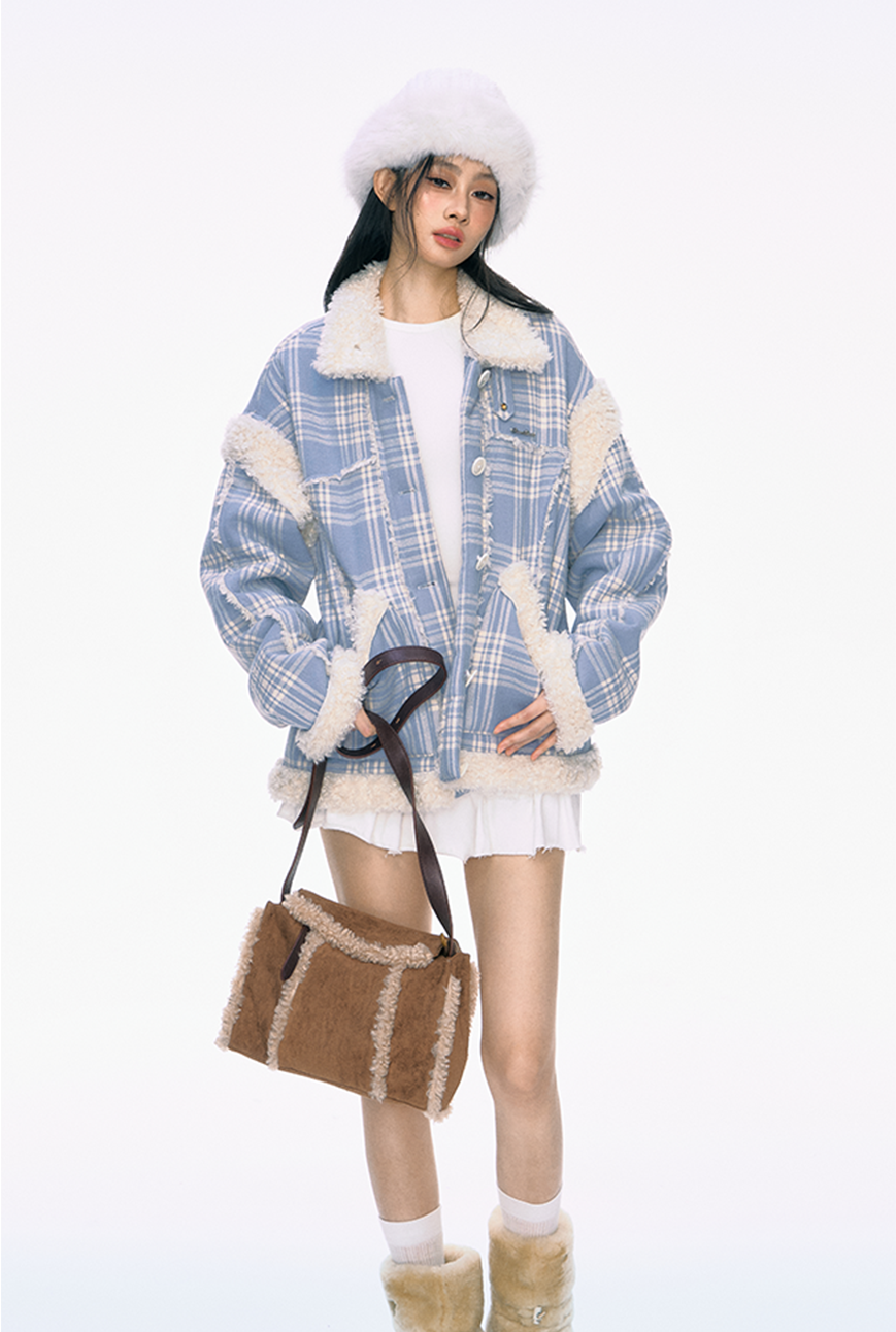 Fur Collar Blue Plaid Jacket PUN0035