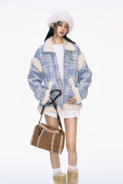 Fur Collar Blue Plaid Jacket PUN0035