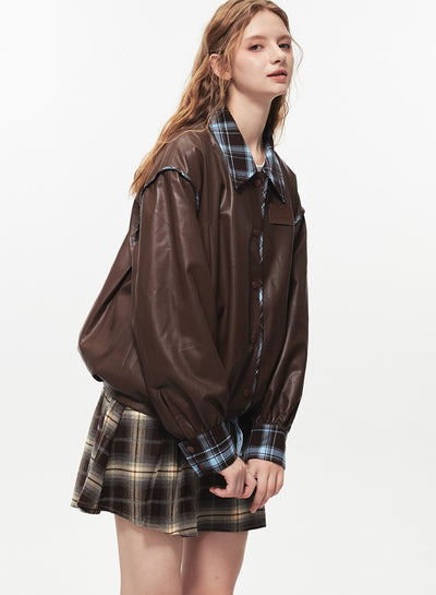 Retro Brown Contrast Leather Jacket FLO0025