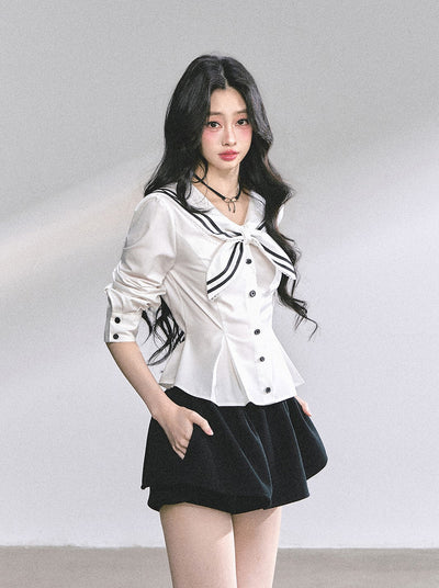 Lace Bow Navy Collar Shirt DIA0554