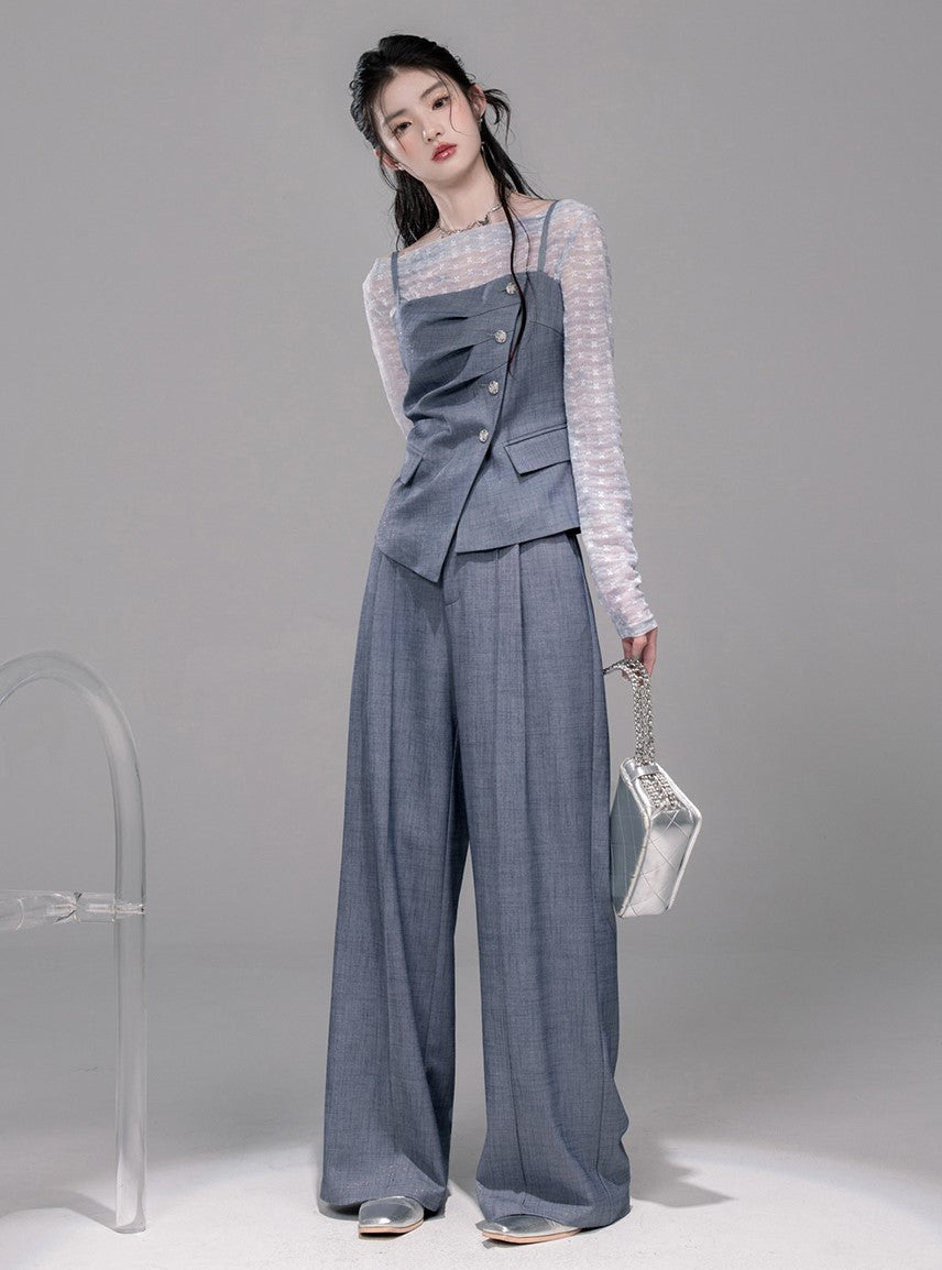 Starry Gray-Blue Camisole+Pants+Tulle Top COT0339