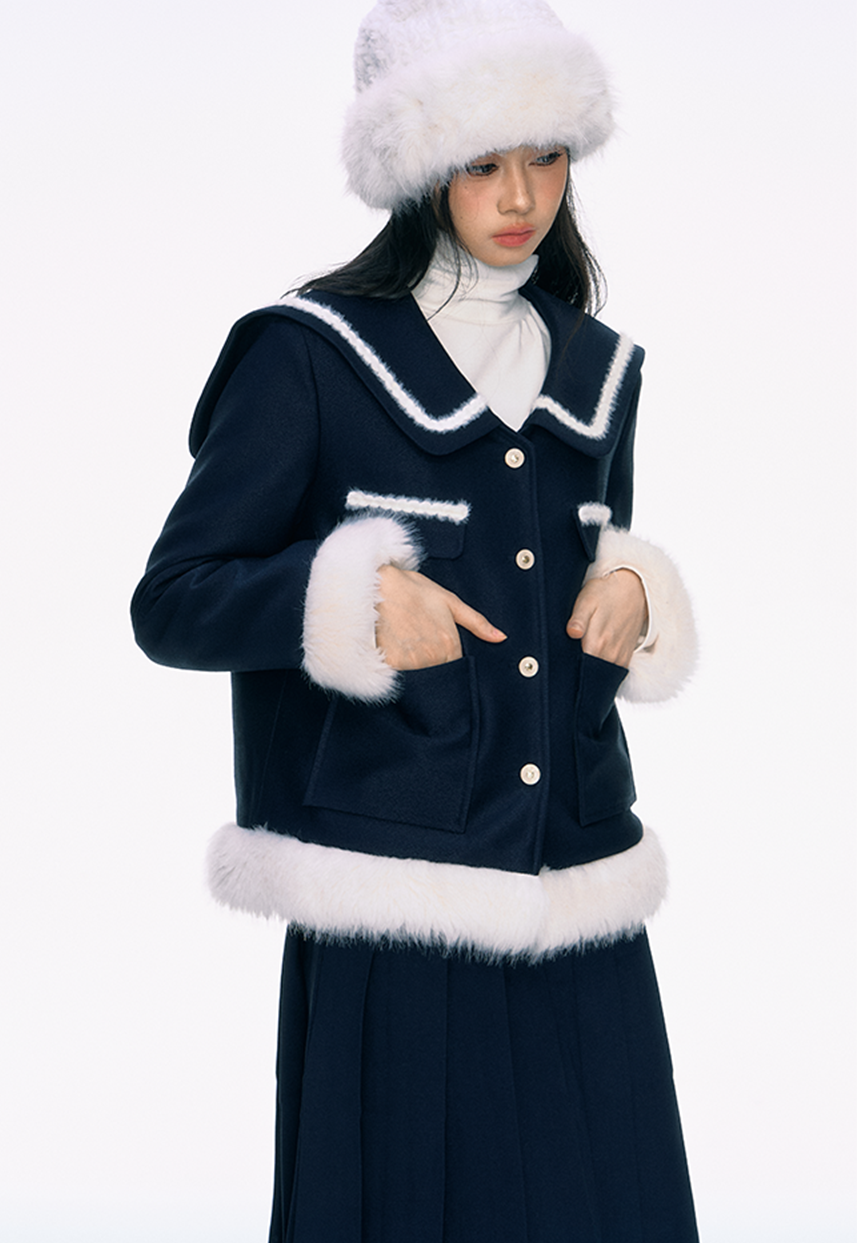 Navy Blue Large Collar Fur Cotton Jacket/Pleated Skirt PUN0038