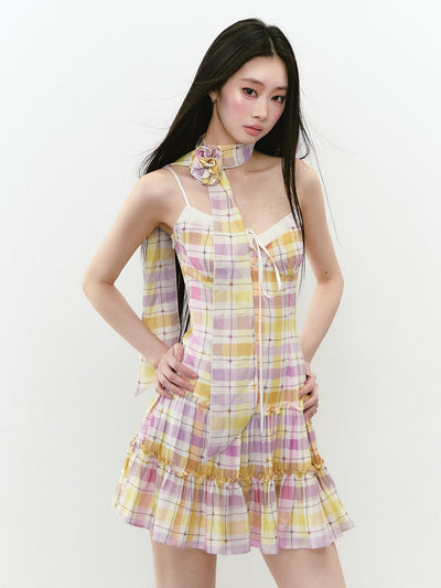 Plaid Sling Stitching Dress/Ribbon VIA0233