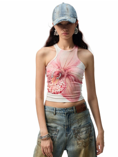Floral Print Rhinestone Sleeveless Top JIN0001