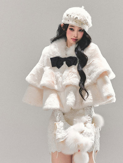 French-style Plush Ribbon Cape Coat DIA0674
