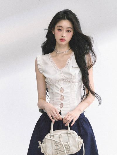V-neck Lace Small Flying Sleeve Shirt DIA0523