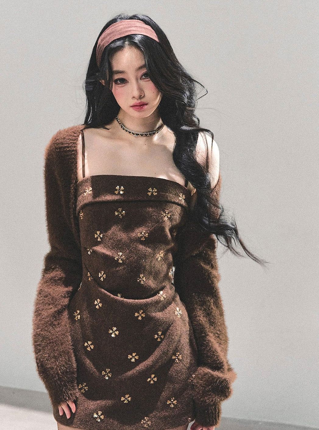 Brown French-style Camisole Dress/Short Cardigan DIA0660