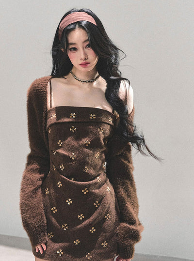 Brown French-style Camisole Dress/Short Cardigan DIA0660