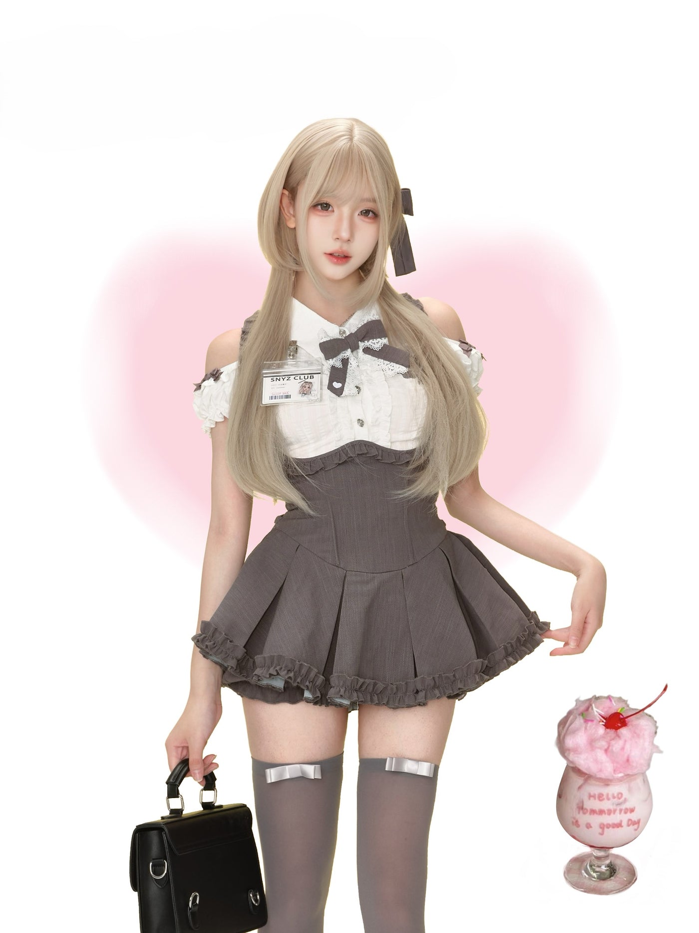 Puff Sleeve Bow Shirt/High Waist Skirt SER0189
