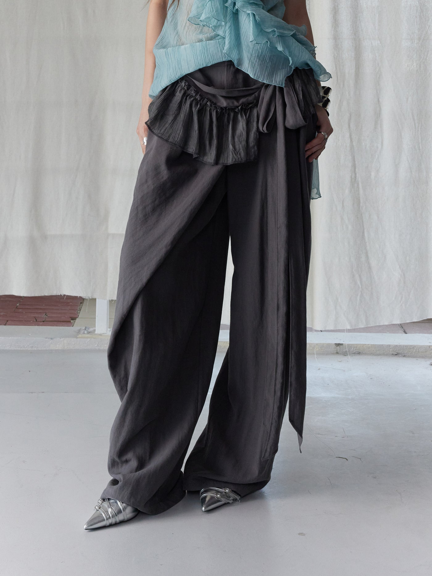 Draped Pleated Lace-up Asymmetric Pants JNY0247