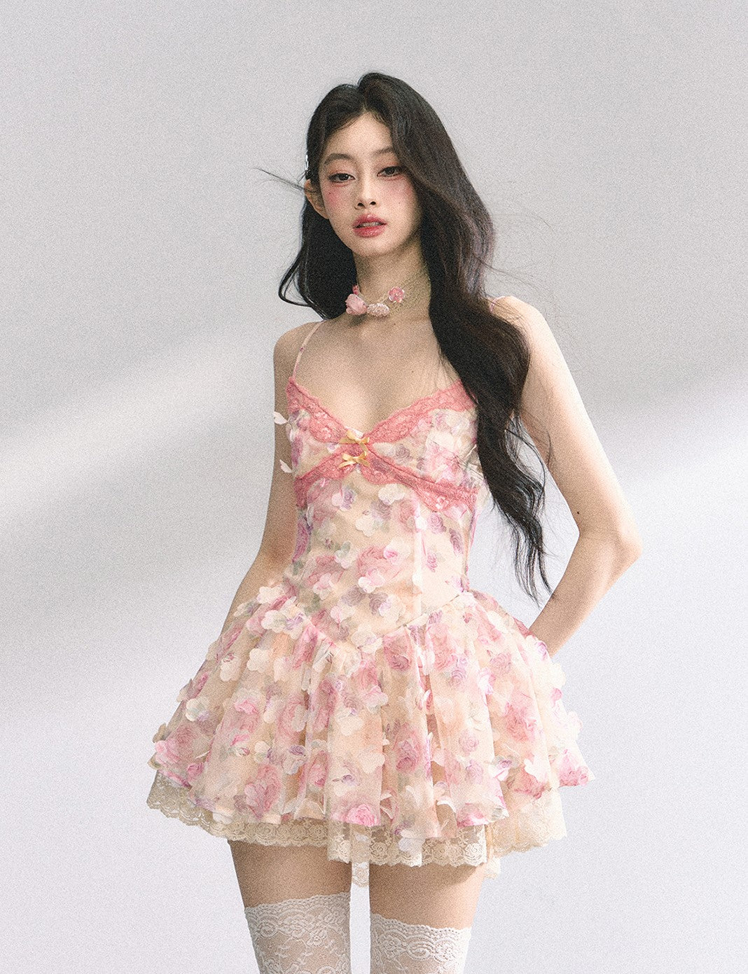 Lace Floral Suspender Puffy Dress DIA0445