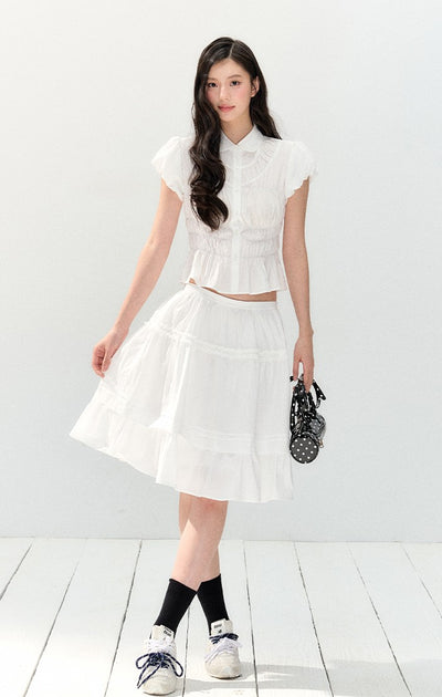 White Lace Short-sleeved Shirt/Skirt SHI0136