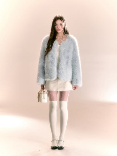 Luxury Wear Small Imitation Fur Blue Short Coat QDQ0104