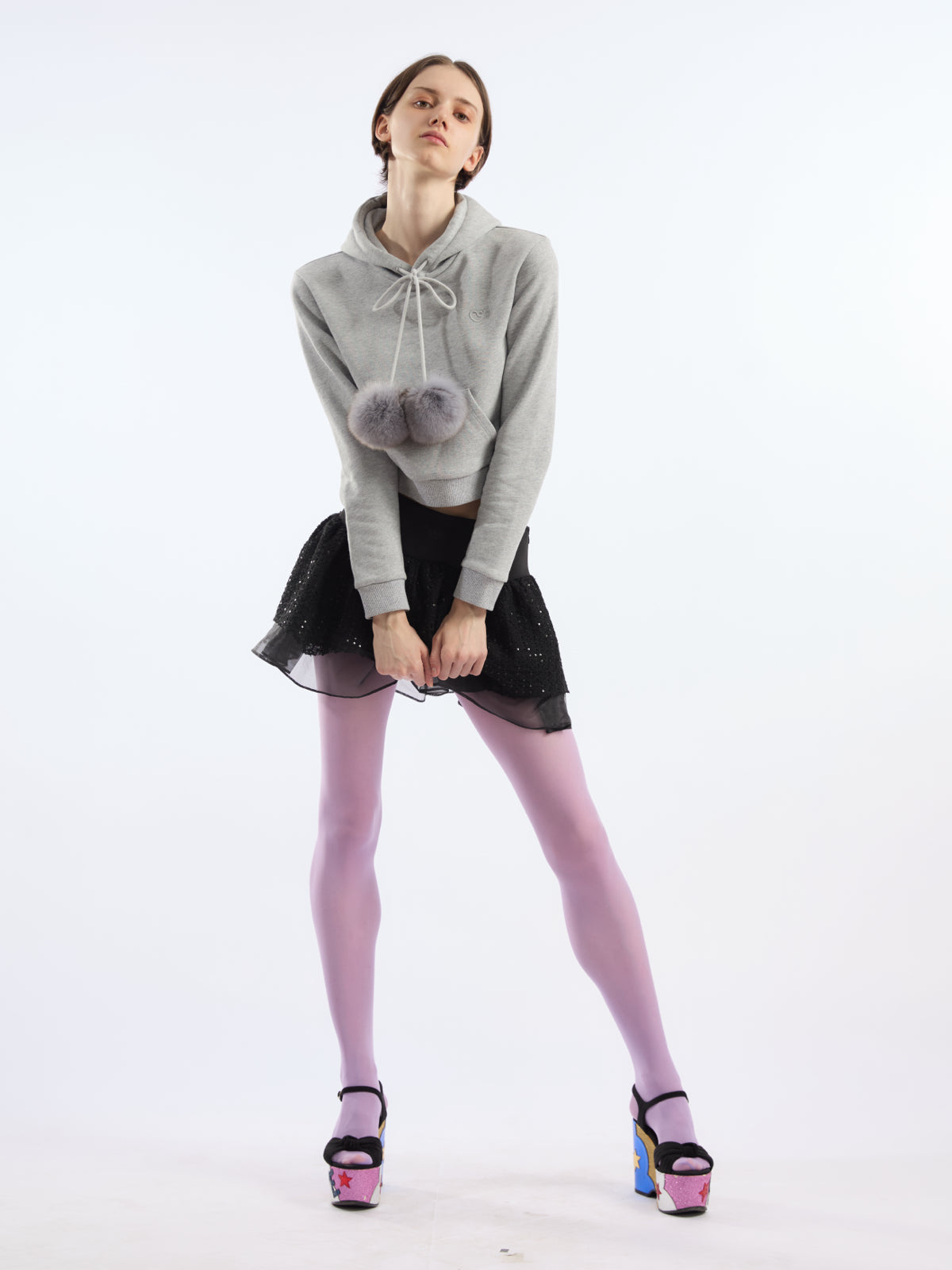 Cropped Long-sleeved Pompom Hoodie AOA0035