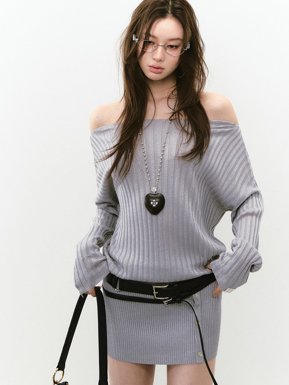 Off Shoulder Button Knitted Dress VIA0267