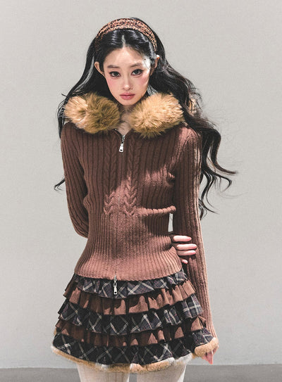 Fur Hooded Knitted Cardigan DIA0686