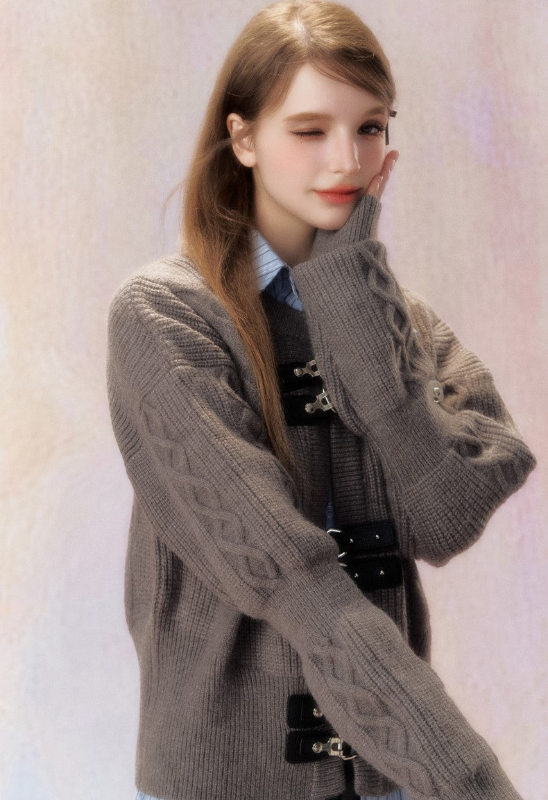 Leather Button Knitted Cardigan SPE0017