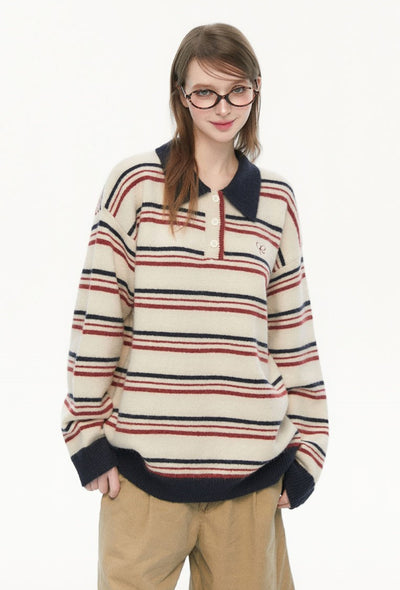 Retro Polo Collar Striped Sweater SPE0075