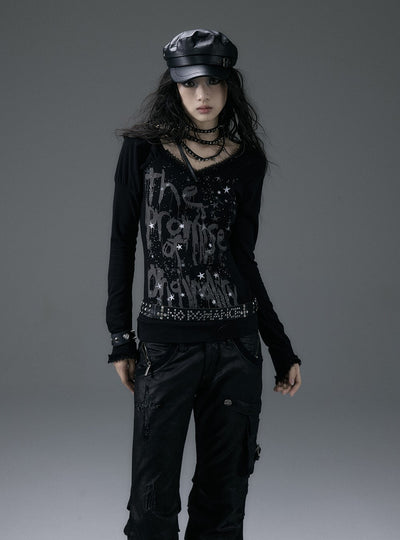 Retro Punk Asymmetrical Puff Sleeves Printed Lace Long Sleeves V-neck T-shirt NOR0122