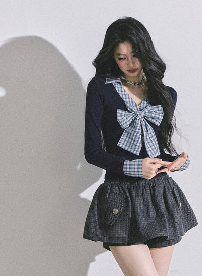 Fake Two-piece Bow Plaid Shirt DIA0599