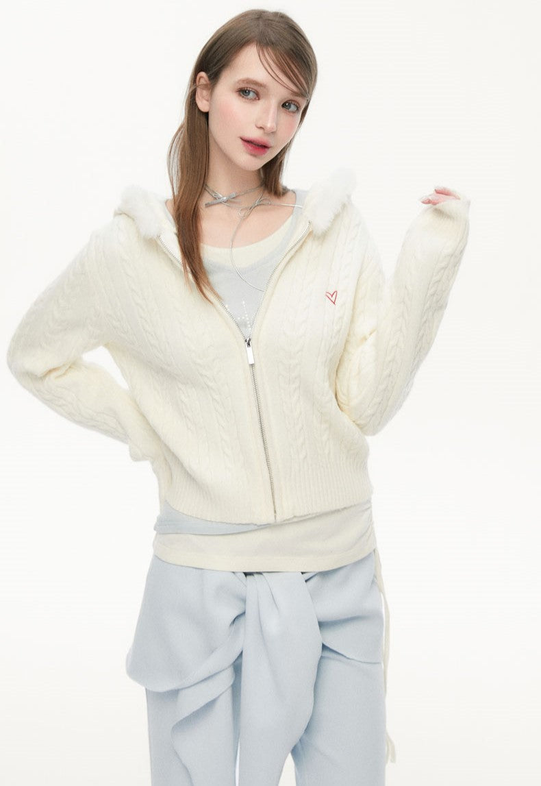 Fur Collar Jacquard Sweater Jacket SPE0074