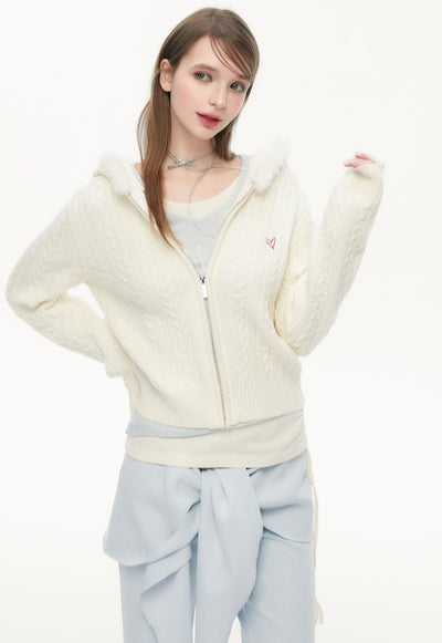 Fur Collar Jacquard Sweater Jacket SPE0074