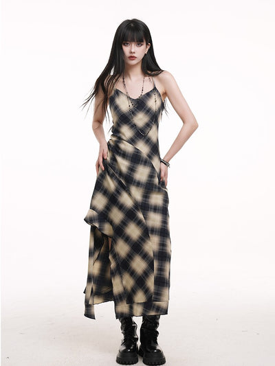 Irregular Hem Plaid Suspender Dress LAD0175