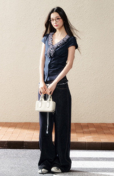 Navy Lace Short-sleeved T-shirt SHI0182
