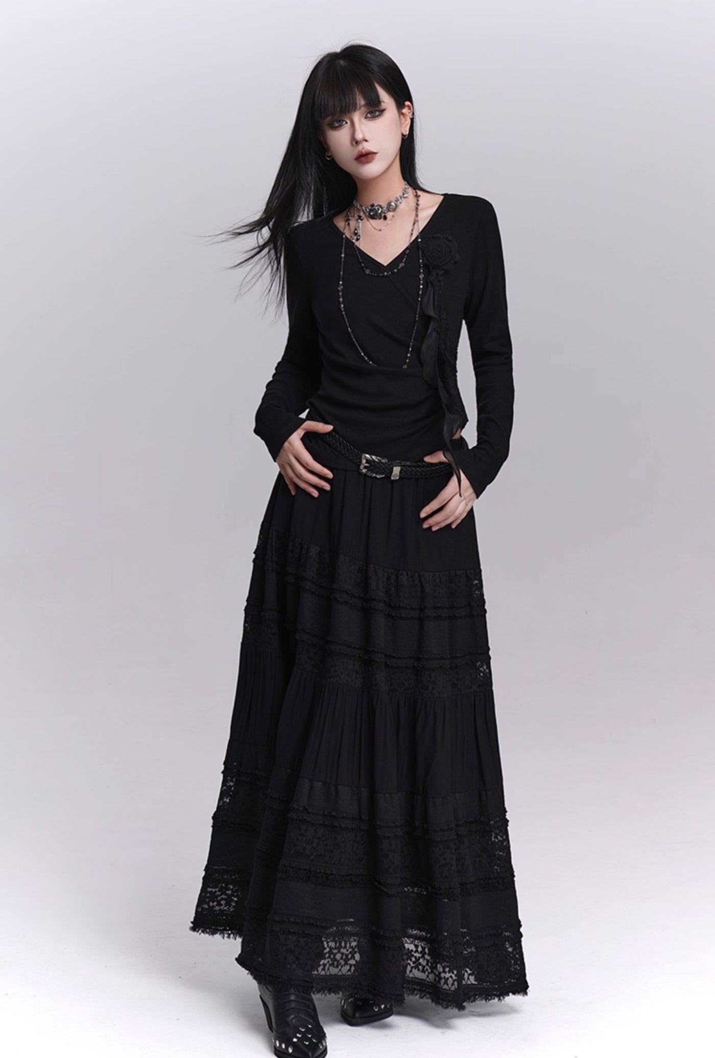 Black Lace A-line Long Skirt LAD0235