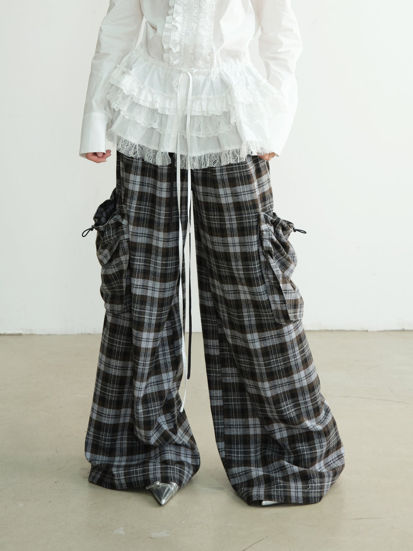 Lazy Relaxed Three-dimensional Large Pocket Plaid Wide-leg Pants JNY0188