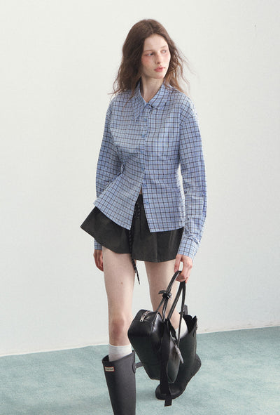 Irregular Collar Blue Plaid Shirt SPE0101