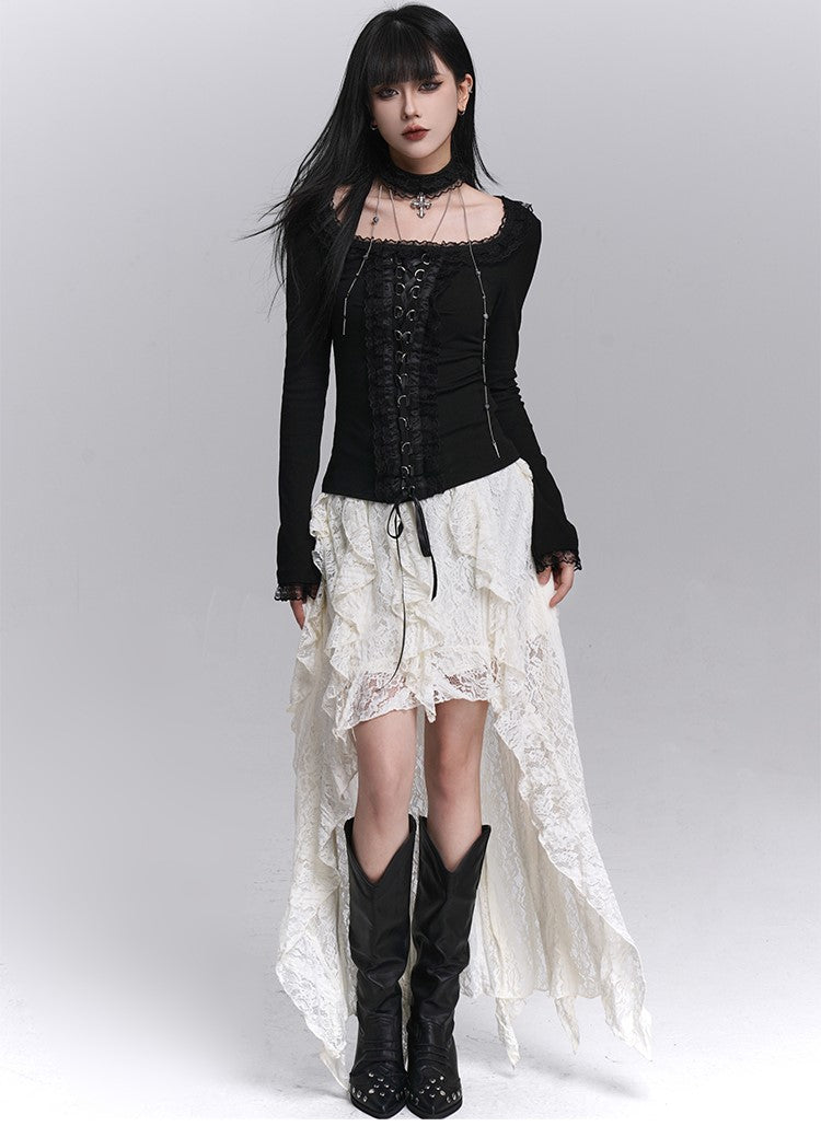 Black Long-Sleeved Lace Slim T-shirt LAD0248
