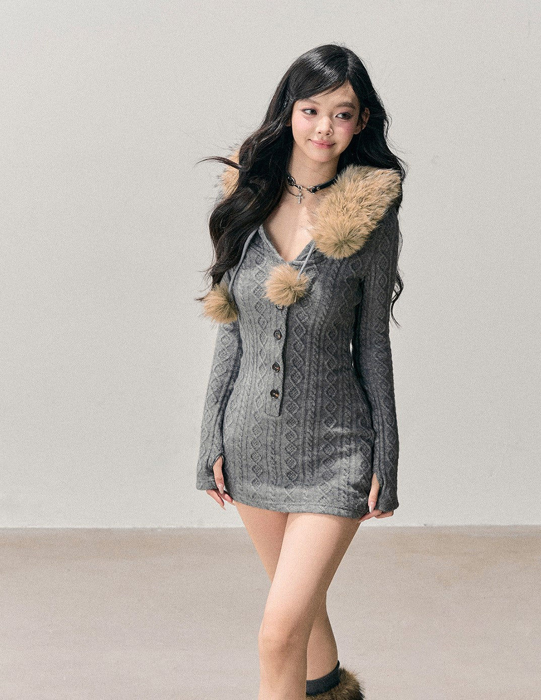 Detachable Fur Collar Sweater Dress DIA0707